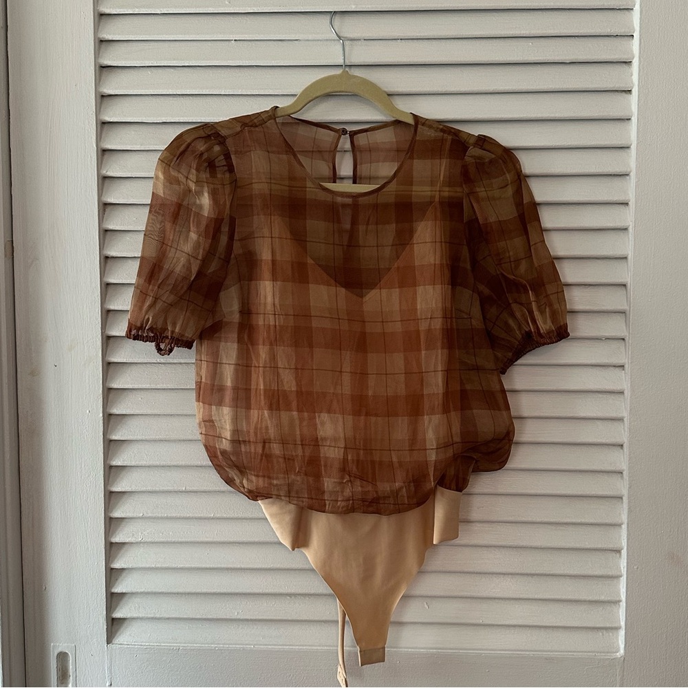 Cami NYC Bethany Bodysuit - gingham organza beige
